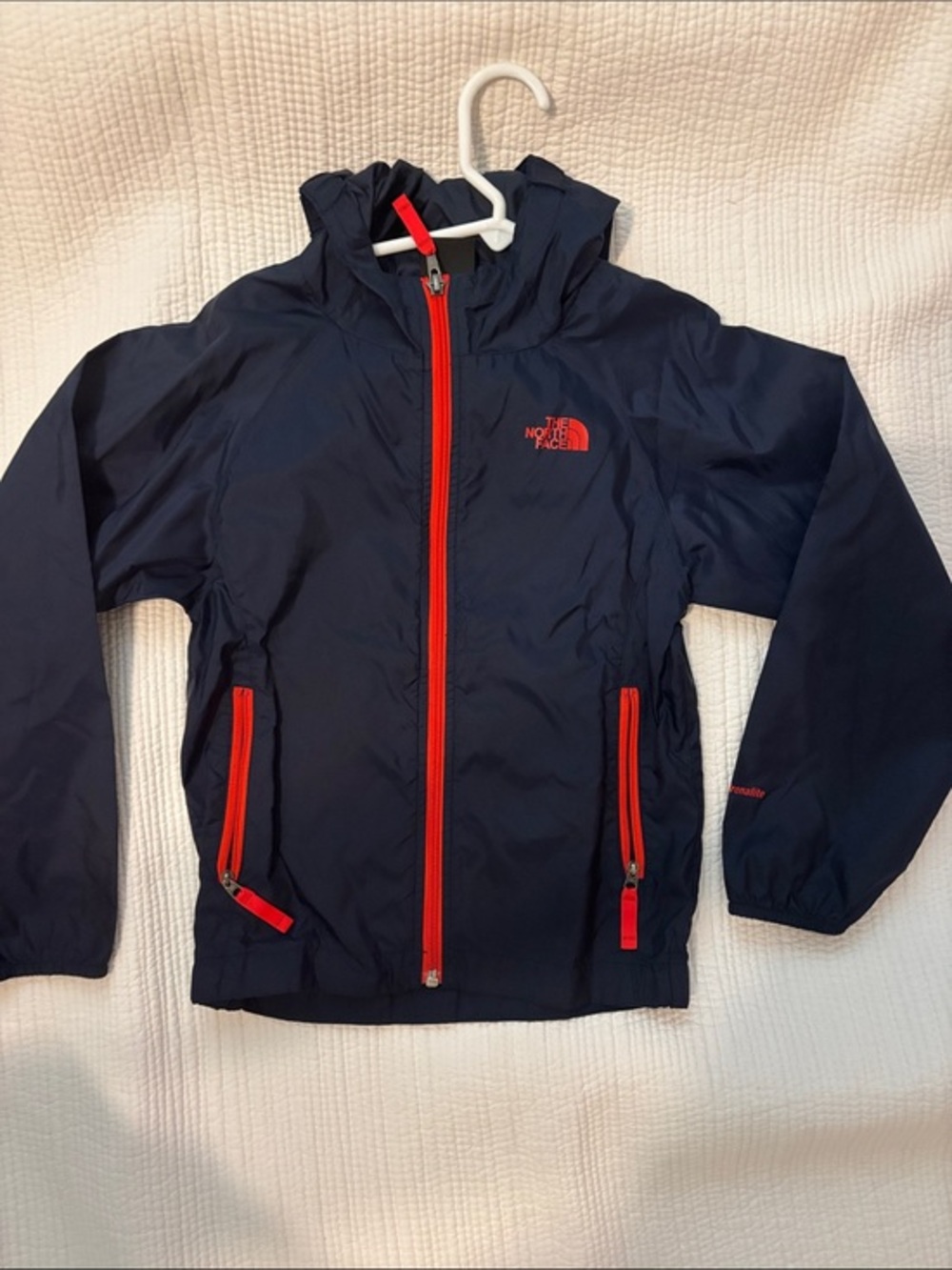 The North Face Navy Kids' Hydrenalite Rain Jacket with Red Zippers size XS